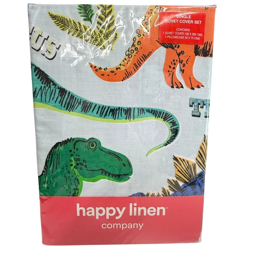 Happy Linen Company Duvet Cover Set Kids Single Multicolor New Dino Snore Print